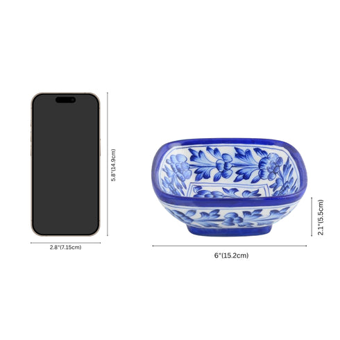 Natriel Set of 2 Floral Pattern Blue Pottery Bowls—White and Blue—6”