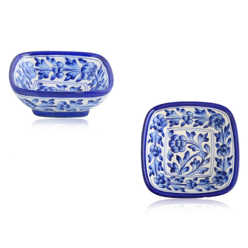 Natriel Set of 2 Floral Pattern Blue Pottery Bowls—White and Blue—6”