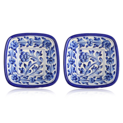 Natriel Set of 2 Floral Pattern Blue Pottery Bowls—White and Blue—6”