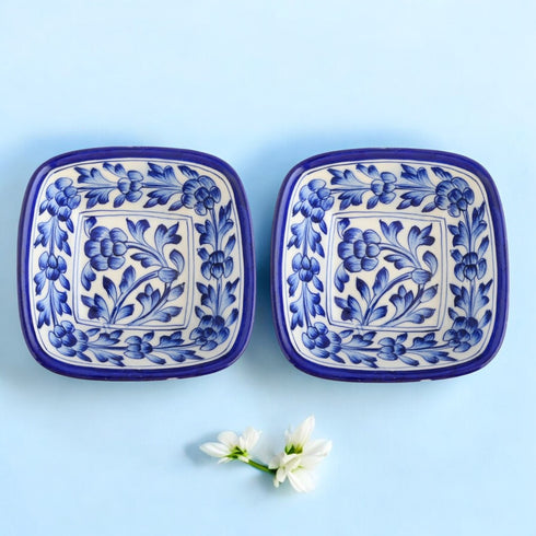 Natriel Set of 2 Floral Pattern Blue Pottery Bowls—White and Blue—6”
