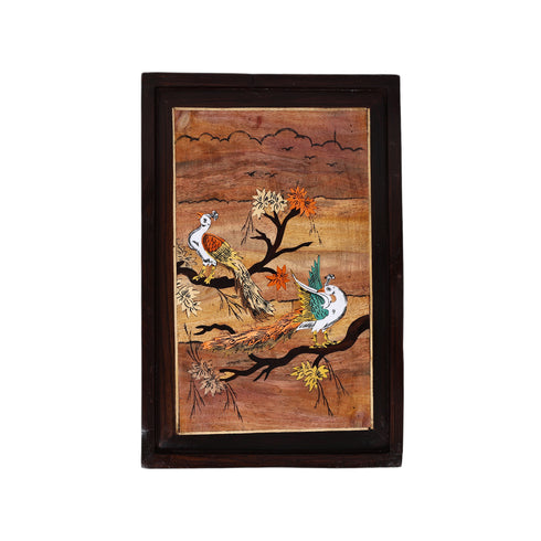 Wooden Mysore Inlay Painting of Graceful Peacocks on a Tree