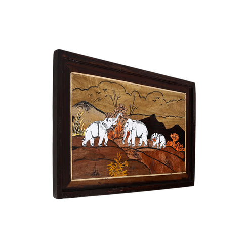 Natriel Wooden Mysore Inlay Painting of Group of Elephants