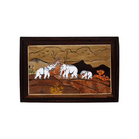 Wooden Mysore Inlay Painting of Group of Elephants