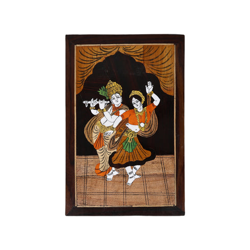 Wooden Mysore Inlay Painting of Radha and Krishna Dancing Pose