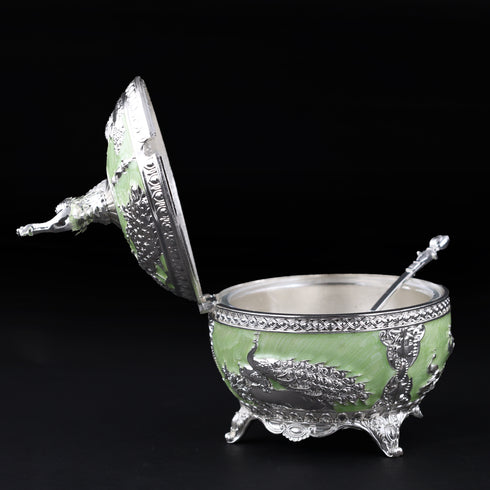 Pastel Green Peacock Serveware Bowl with Spoon/Sugar Pot