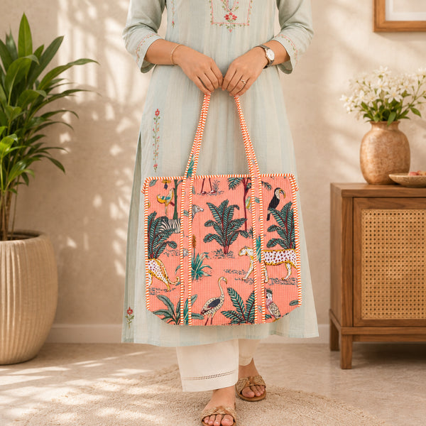 Peach Safari Tropical Trials Quilted Tote Bag - Hand Block Print