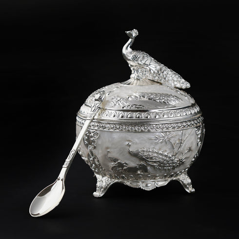 Pearl White Decorative Peacock Serving Bowl with Matching Spoon