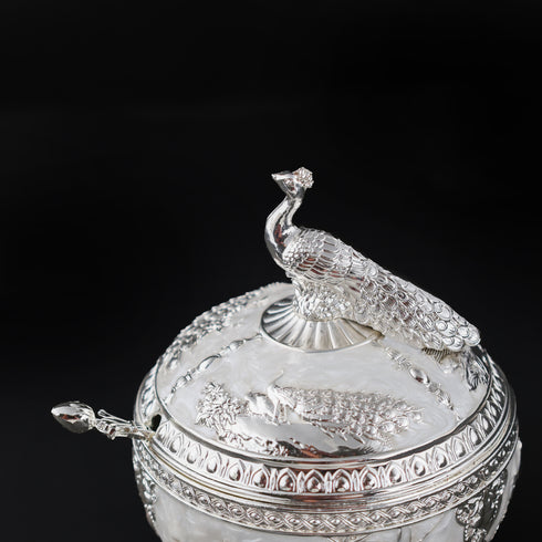 Pearl White Decorative Peacock Serving Bowl with Matching Spoon