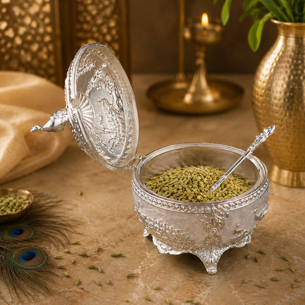 Pearl White Decorative Peacock Serving Bowl with Matching Spoon