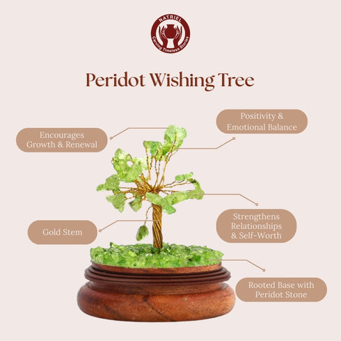 Peridot wishing tree with features and benefits on a beige background