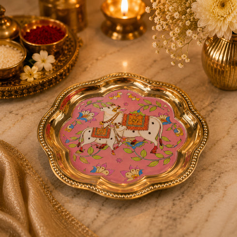 Pichwai Inspired Cow Motif Brass Plate