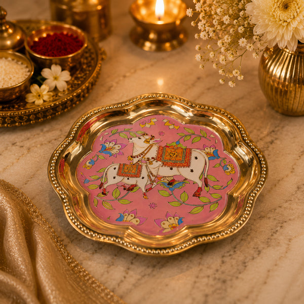 Pichwai Inspired Cow Motif Brass Plate