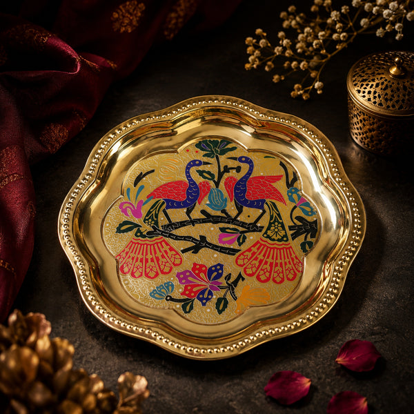 Pichwai Inspired Twin Peacock Design Brass Plate