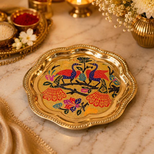 Pichwai Inspired Twin Peacock Design Brass Plate