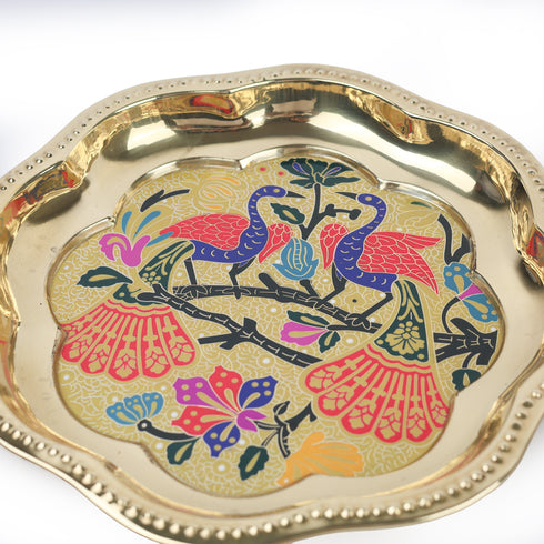 Pichwai Inspired Twin Peacock Design Brass Plate