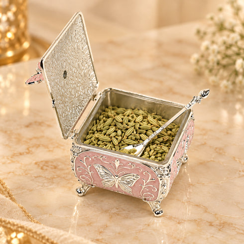 Pink Butterfly German Silver Sugar Pot & Decorative Box
