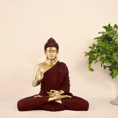 Polyresin Golden Buddha Statue with Burgundy Robe | Vastu Wealth Gift | Meditation Zen Decor | Feng Shui Home Office Protection