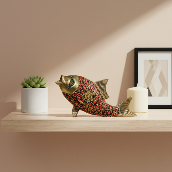 Premium Brass Fish Showpiece with Hand-Set Stones