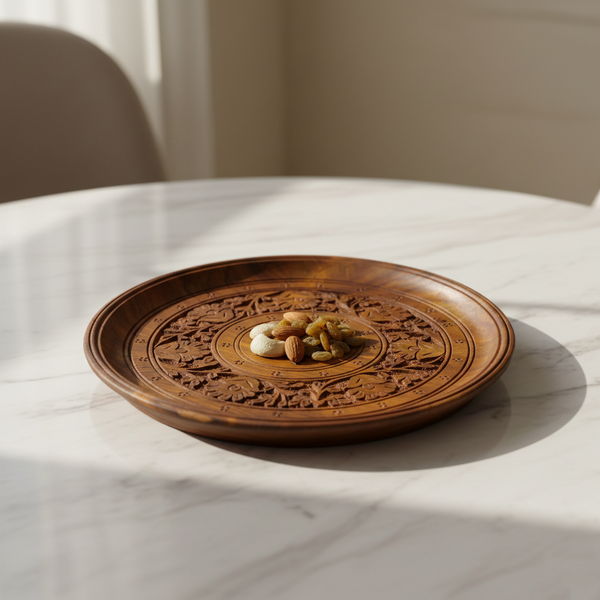 Premium Wooden Round Serving Plate – Hand-Carved Floral Inlay