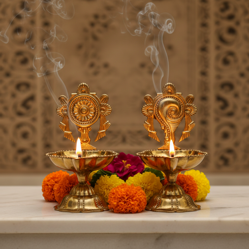 Pure Brass Shankh Chakra Diya – Pooja Essential