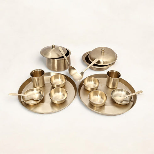 Pure Kansa Full Dining set with 2 Round Thali and Serving bowls (18-piece set)