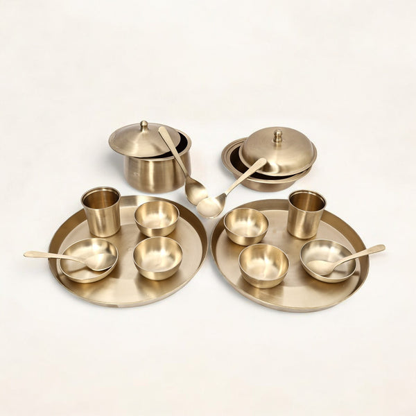 Pure Kansa Full Dining set with 2 Round Thali and Serving bowls (18-piece set)