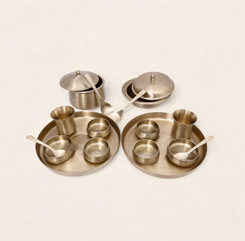 Pure Kansa Full Dining set with 2 Round Thali and Serving bowls (18-piece set)