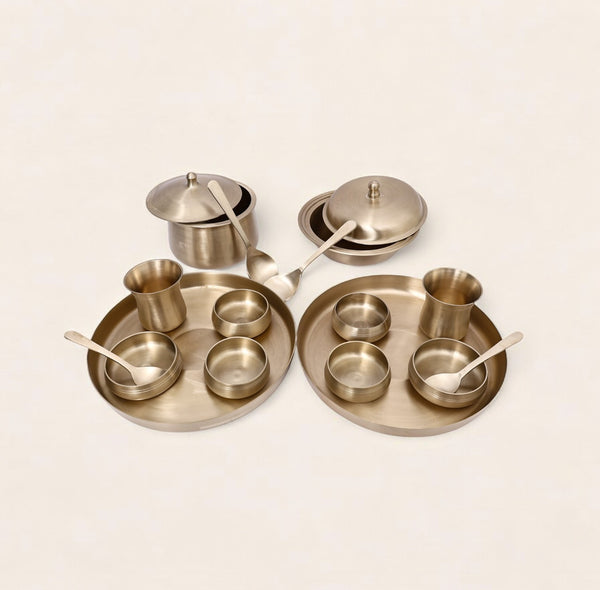 Pure Kansa Full Dining set with 2 Round Thali and Serving bowls (18-piece set)