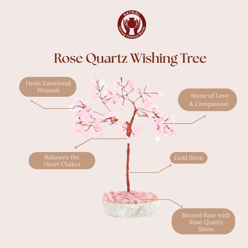 Rose Quartz Wishing Tree with Natures Temple & Wellness logo on a light pink background