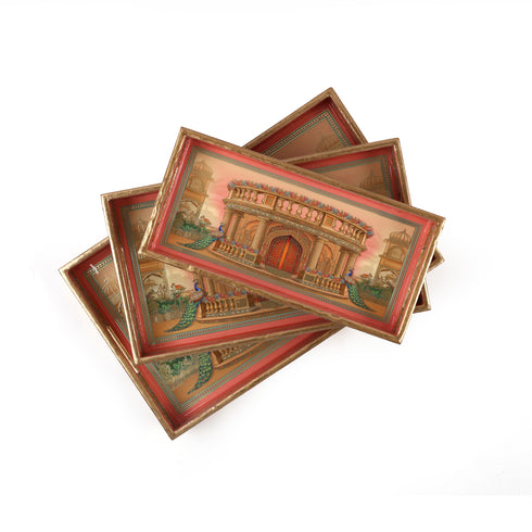 Royal Peacock Palace Wooden Serving Tray Set of 3