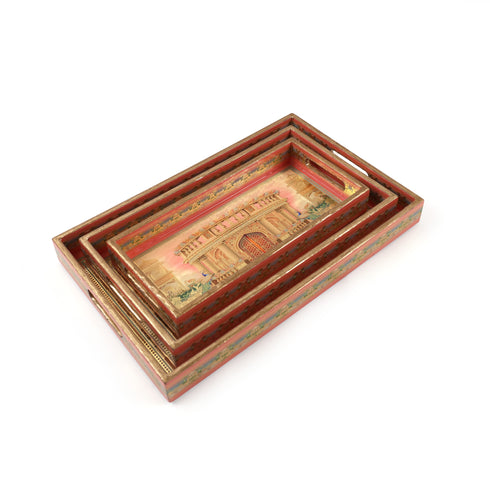 Royal Peacock Palace Wooden Serving Tray Set of 3