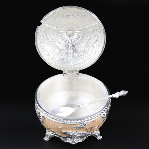 Royal Peacock Peach Enamel Sugar Pot with Spoon