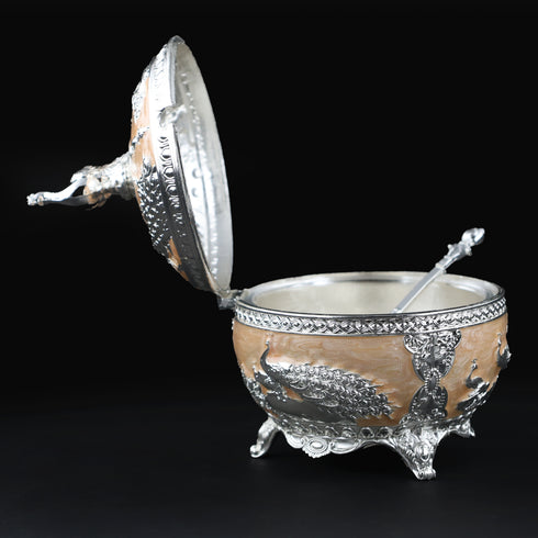 Royal Peacock Peach Enamel Sugar Pot with Spoon