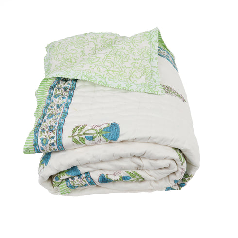 Sapphire Bloom Muslin Cotton Handmade Razai – Hand Block Print