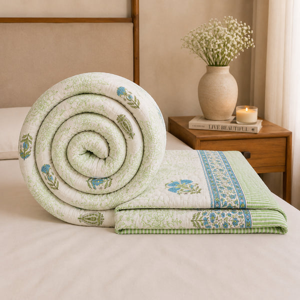 Sapphire Bloom Muslin Cotton Handmade Razai – Hand Block Print