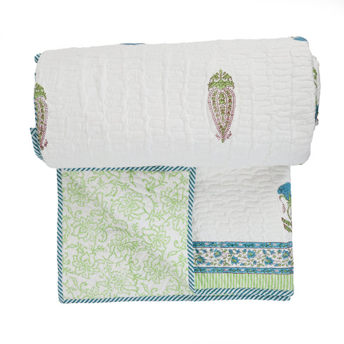 Serene Garden Green Quilted Mulmul Cotton Bed Cover and Pillow Cover