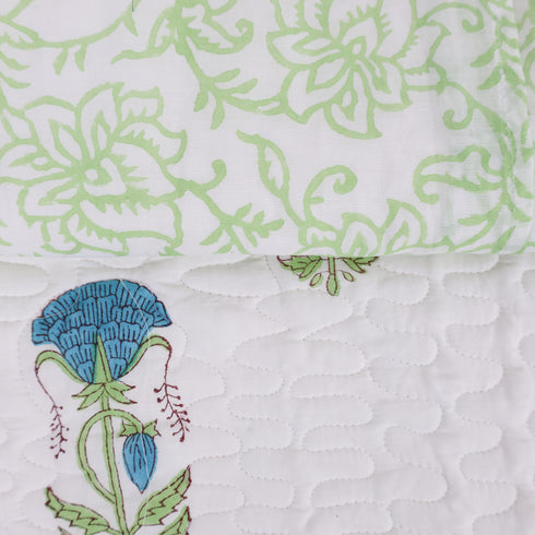 Serene Garden Green Quilted Mulmul Cotton Bed Cover and Pillow Cover