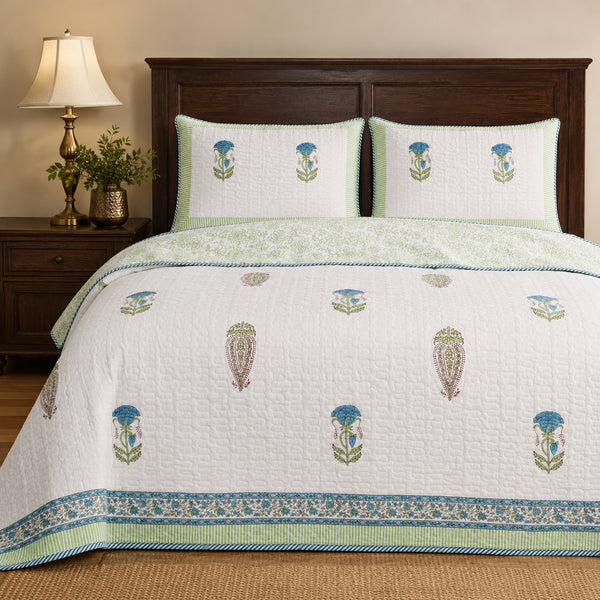Serene Garden Green Quilted Mulmul Cotton Bed Cover and Pillow Cover
