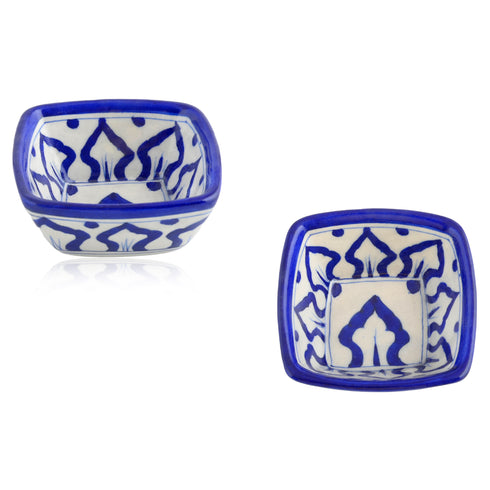 Set of 2 Blue Pottery Bowls Geometric Pattern—Blue—4”