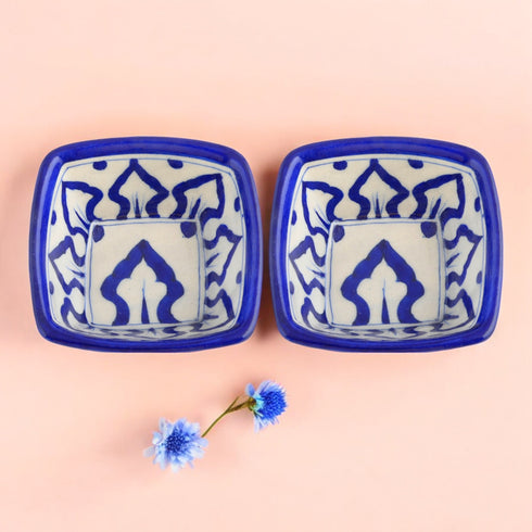 Set of 2 Blue Pottery Bowls Geometric Pattern—Blue—4”