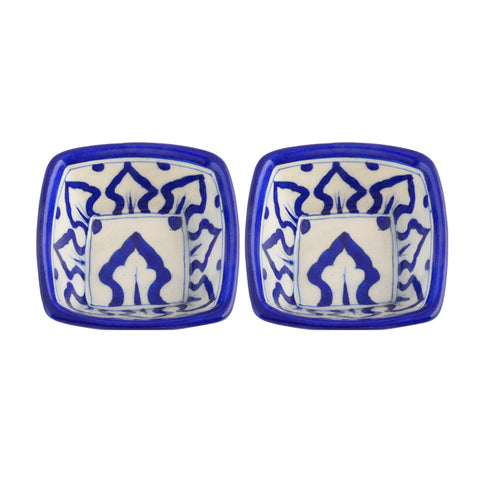 Set of 2 Blue Pottery Bowls Geometric Pattern—Blue—4”