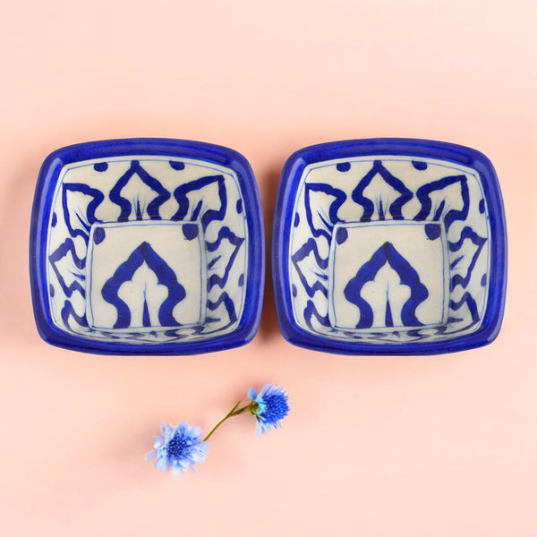 Set of 2 Blue Pottery Bowls Geometric Pattern—Blue—4”