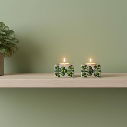 Set of 2 Blue Pottery Green Color T-Light Candles