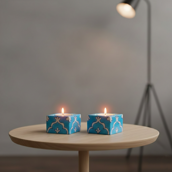 Set of 2 Blue Pottery Sky-Blue Color T-Light Candles