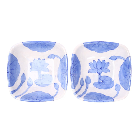 Set of 2 Blue Pottery Square Bowls—White