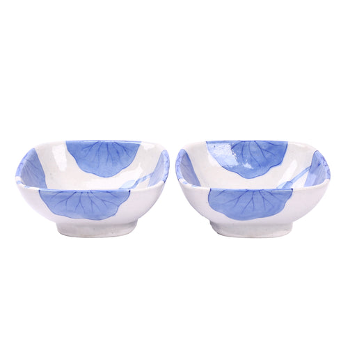 Set of 2 Blue Pottery Square Bowls—White