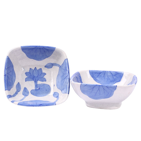 Set of 2 Blue Pottery Square Bowls—White