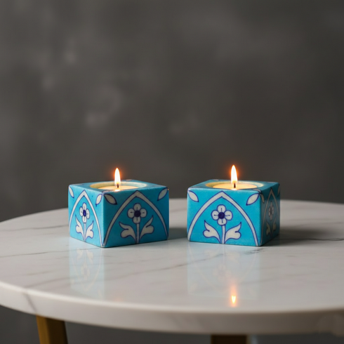 Set of 2 Blue Pottery T-Light Candles Holders