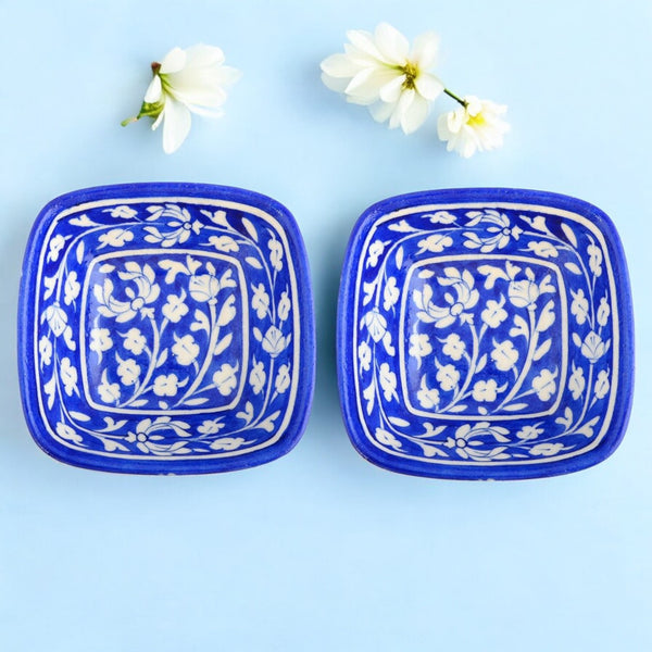 Set of 2 Floral Pattern Blue Pottery Bowls