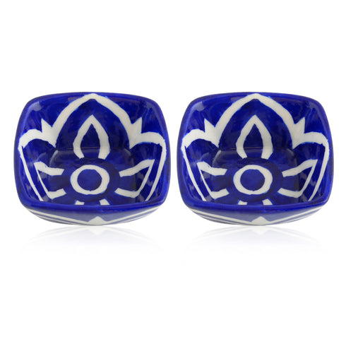 Set of 2 Floral Pattern Blue Pottery Bowls—Blue—4”